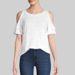 Generation Love White Ivory Linen Pearl Ruffle Sleeve Top XS Boho Chic